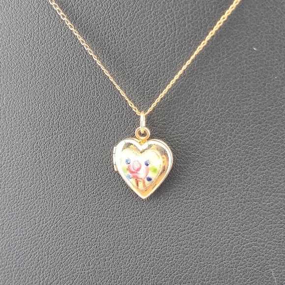 Vintage 12K Gold-Filled Heart Locket Necklace 13" Chain Floral Enamel Pendant - Picture 11 of 12